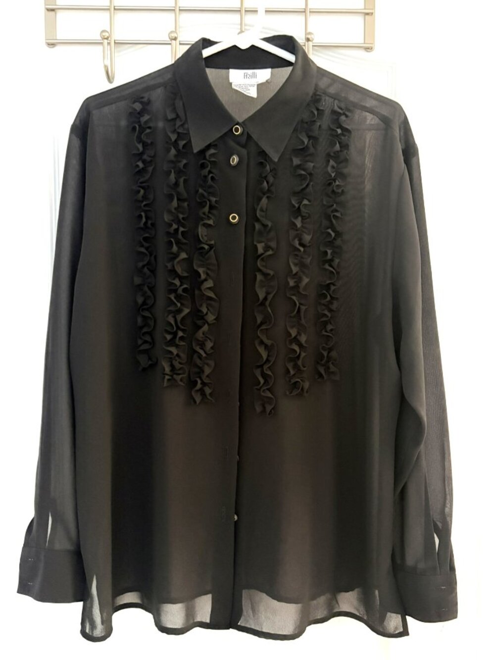 Frilli Black Sheer Ruffle Long Sleeve Blouse Size 16/46 L/XL
